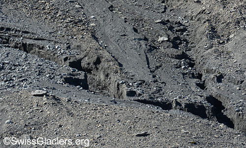 Erosion trenches in front of the middle part of the Gamchi glacier. Photo taken on 7. September 2024.