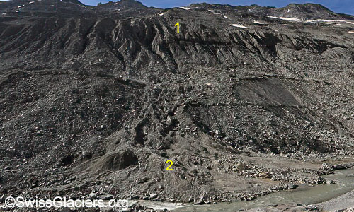 Erosionsrinnen  und Schuttkegel am 5. August 2024.