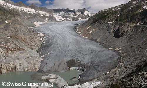 Weitgehend ausgeaperter Rhonegletscher am 29.7.2024.