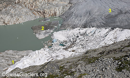 Abdeckungen am Rhonegletscher am 8.7.2022. Ansicht von oben.