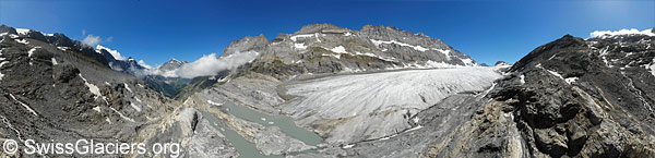 Kanderfirn: Proglacial lakes and glacier tongue from the south on 3. Juli 2023