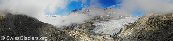 Tongue of the Kanderfirn and waterfalls of the glacial stream (aerial photo).