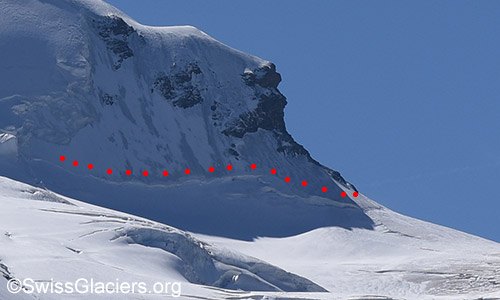 Bergschrund am Fuss der Nordwest-Wand des Pollux. Foto vom 13.9.2019.