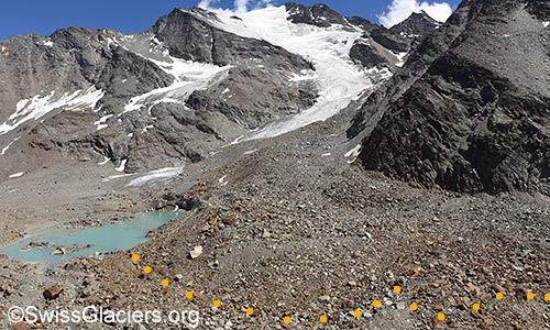 9.8.2020: View of the supraglacial moraine of the Grüebu glacier (Saas Valley) in the area of the tongue.